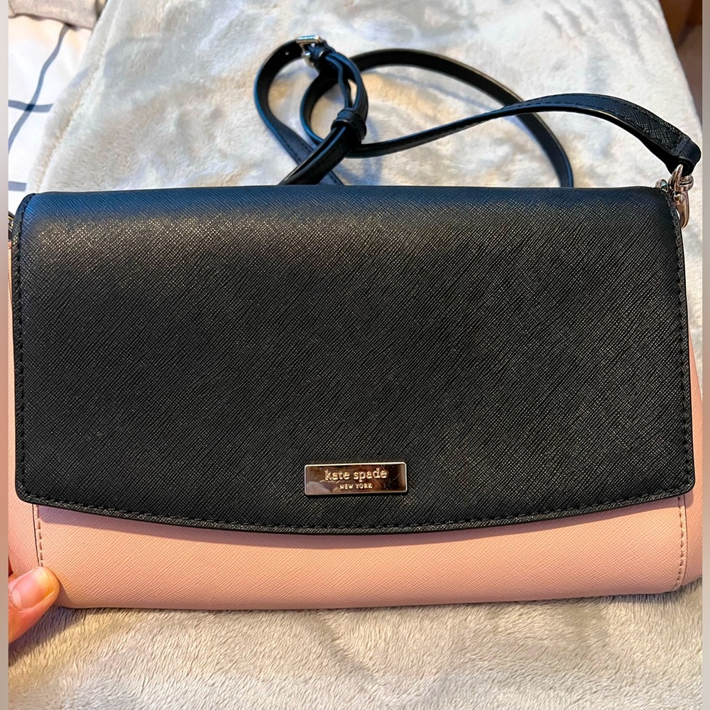 KATE SPADE Greer Laurel Way Convertible Cross-body Flap Bag Blush Black Saffiano